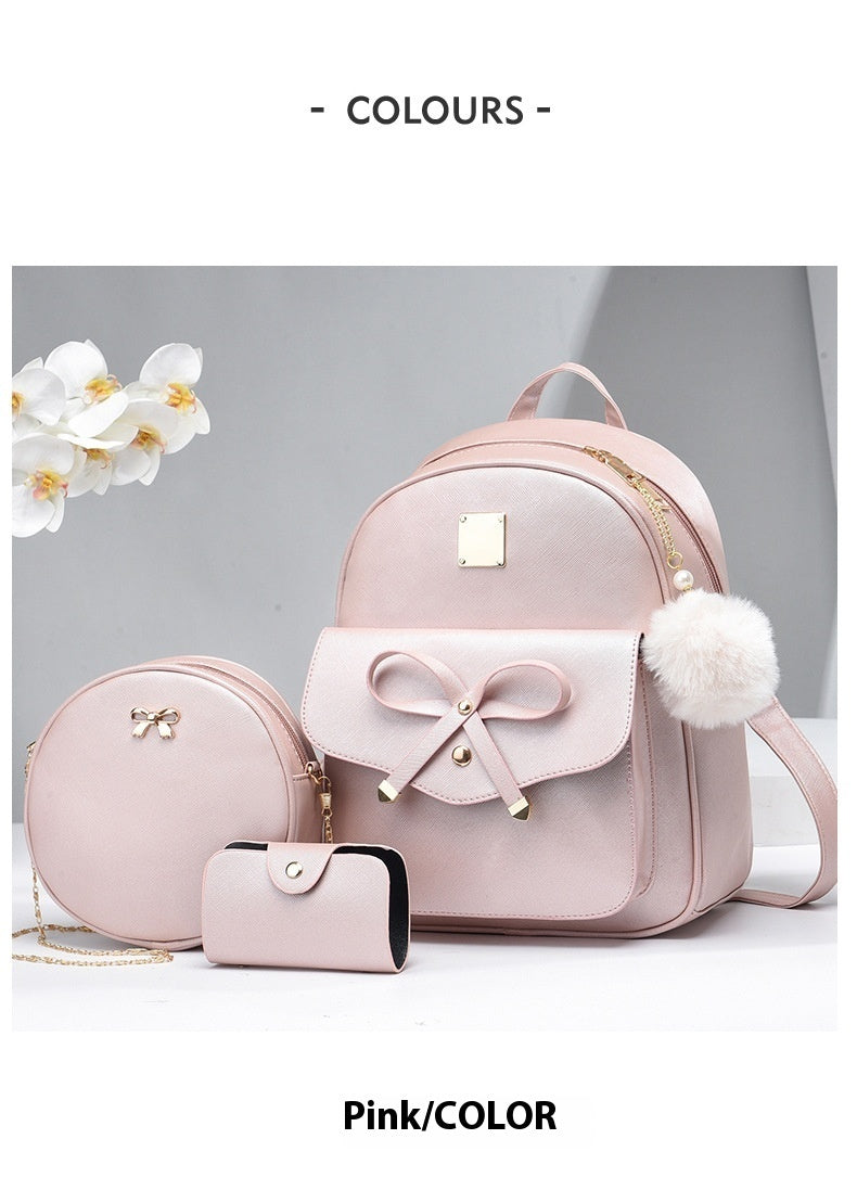 3 pcs Set Bags PU Bow Composite Bag Young Girl Student Cute Shoulders Backpack Crossbody Bags Coin Purse