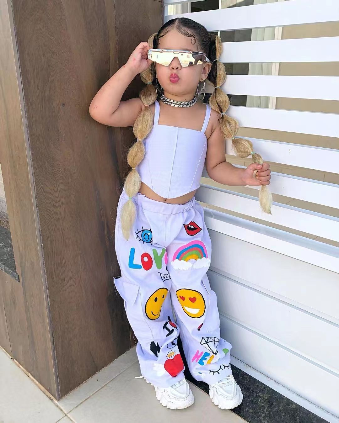 2023 New Girls' Fashion Casual Bandeau Sling Cartoon Printed Pants Two-piece Set