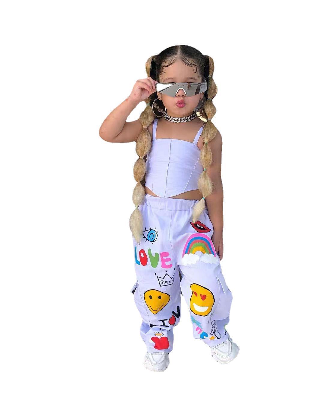 2023 New Girls' Fashion Casual Bandeau Sling Cartoon Printed Pants Two-piece Set