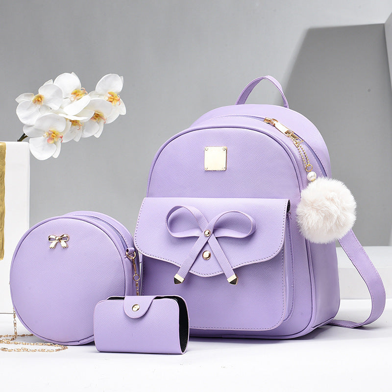3 pcs Set Bags PU Bow Composite Bag Young Girl Student Cute Shoulders Backpack Crossbody Bags Coin Purse